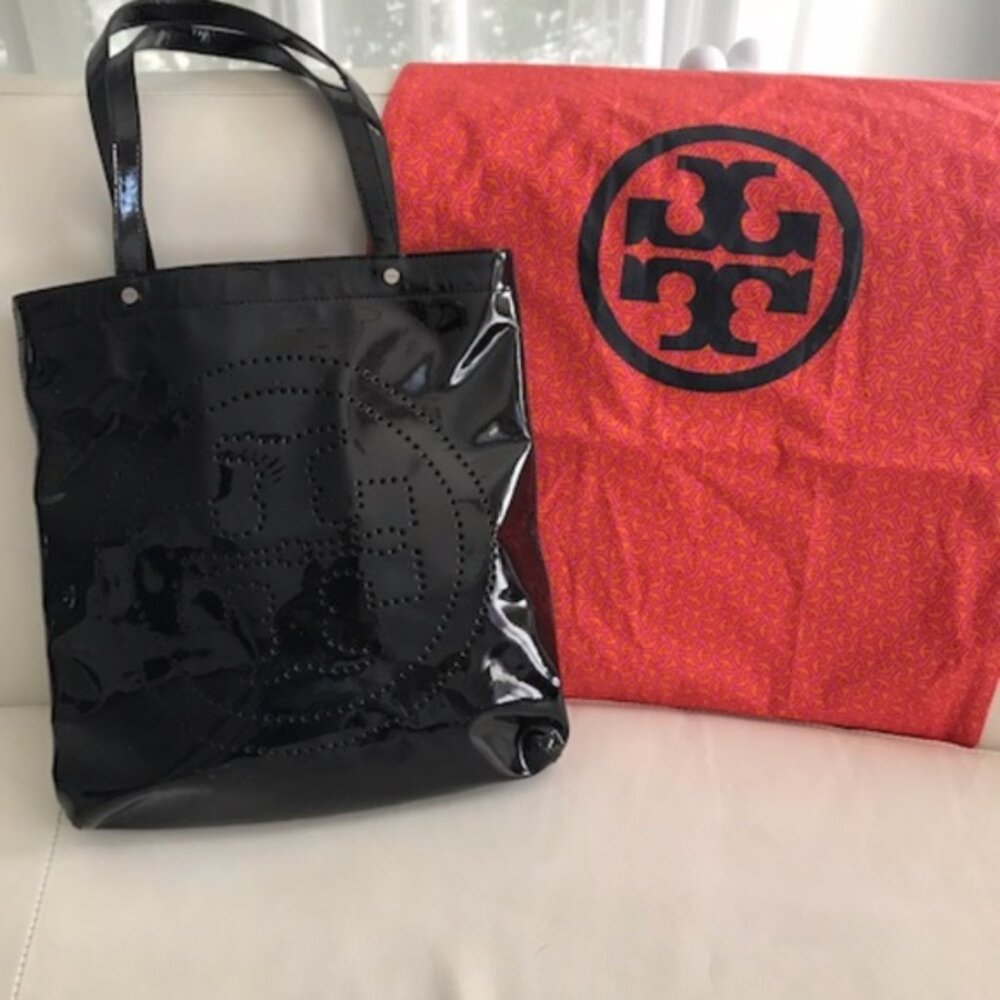 Tory Burch Black Patent Leather Tote Bag with Logo and Storage Bag